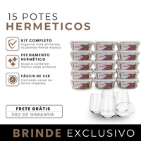Kit com 15 Frascos Herméticos de Vidro + 10 Copos de Vidro Aruba [ÚLTIMAS UNIDADES EM ESTOQUE!]